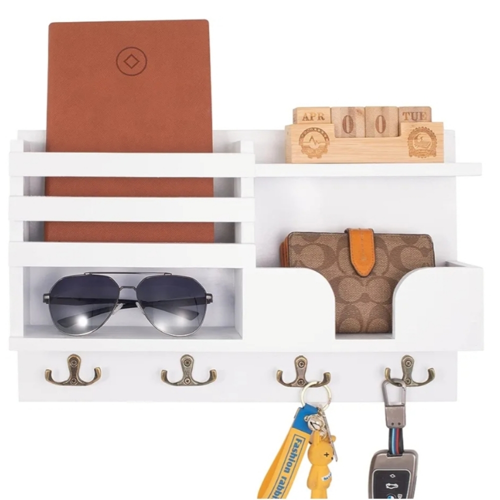 Wall Storage for Mail Keys Sunglasses Wallet Wall Mount Wood Organizer in White